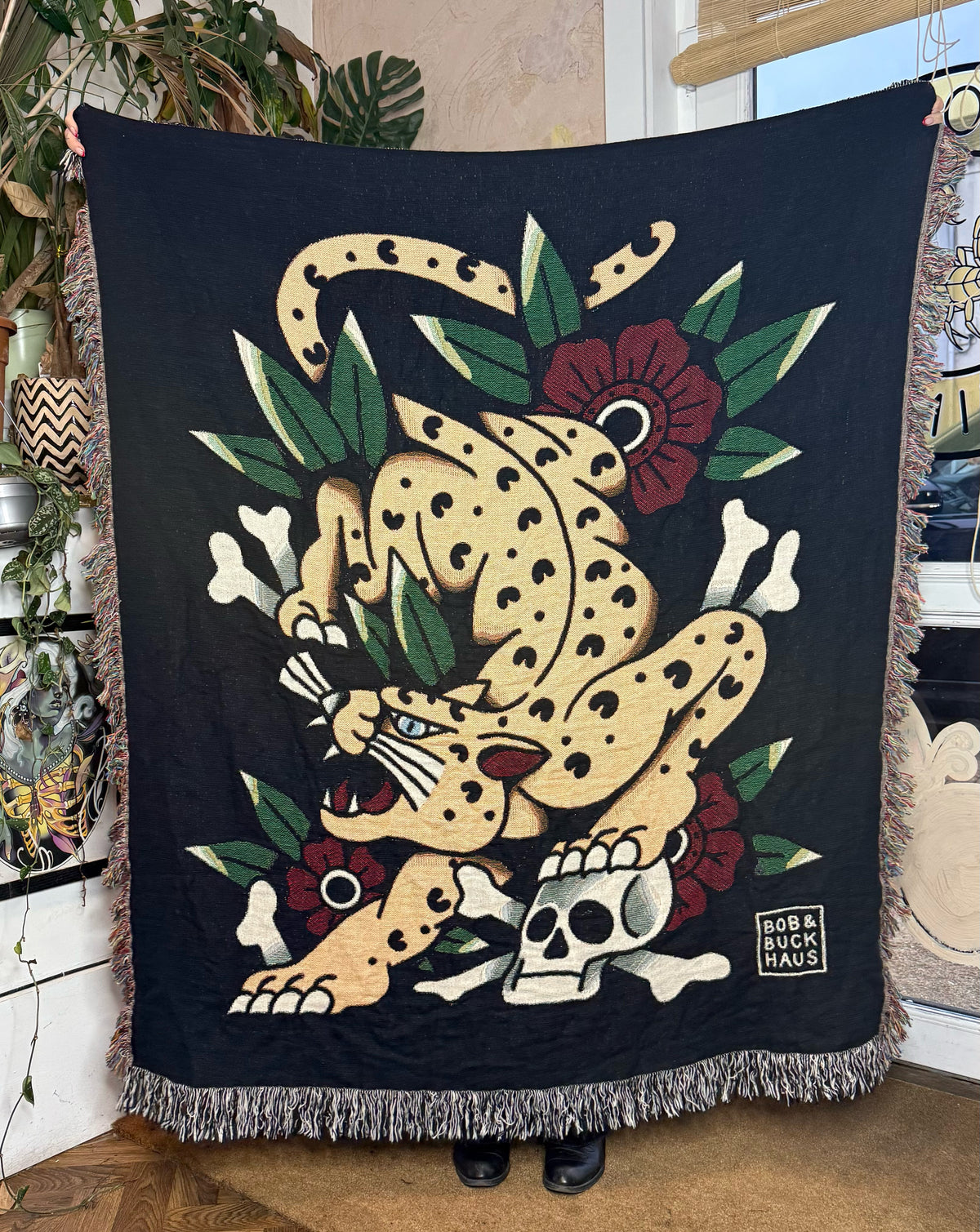 LEOPARD TRADITIONAL TATTOO WOVEN TAPESTRY BLANKET